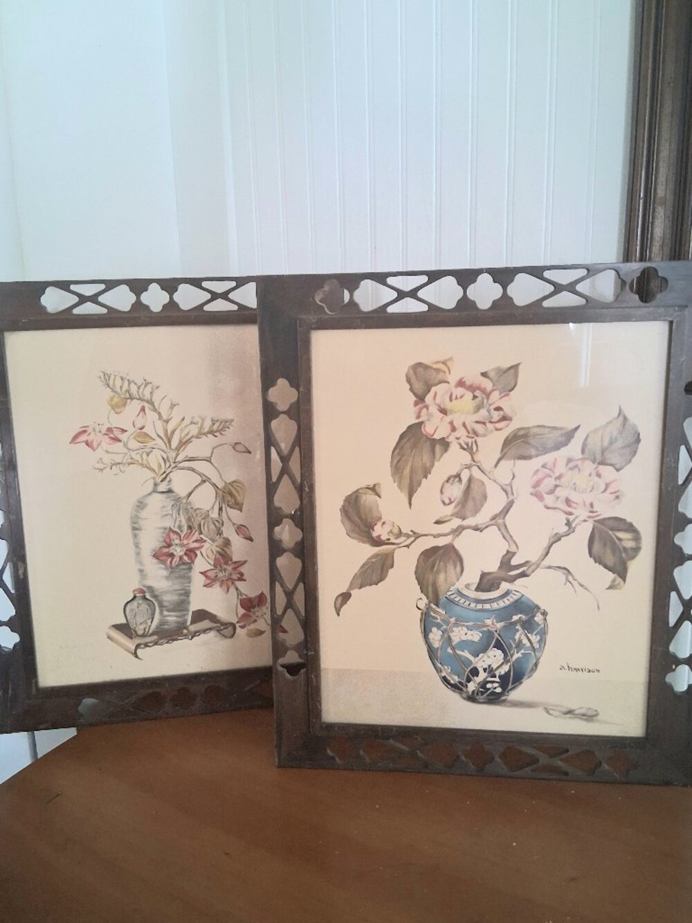 Framed A. Harrison Ink Water Color on Silk Floral Set
